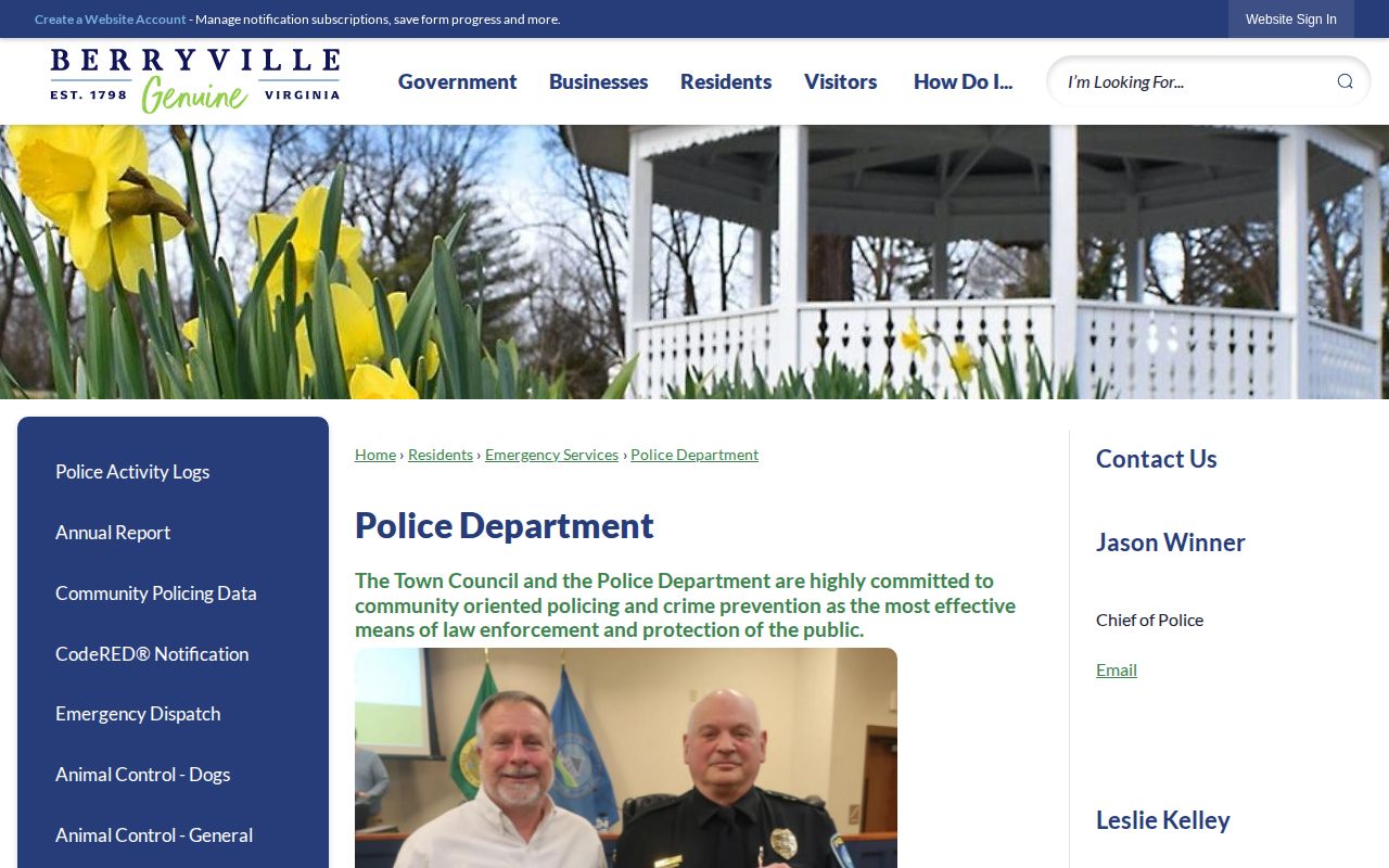 Screenshot of the official Town of Berryville Police Department page