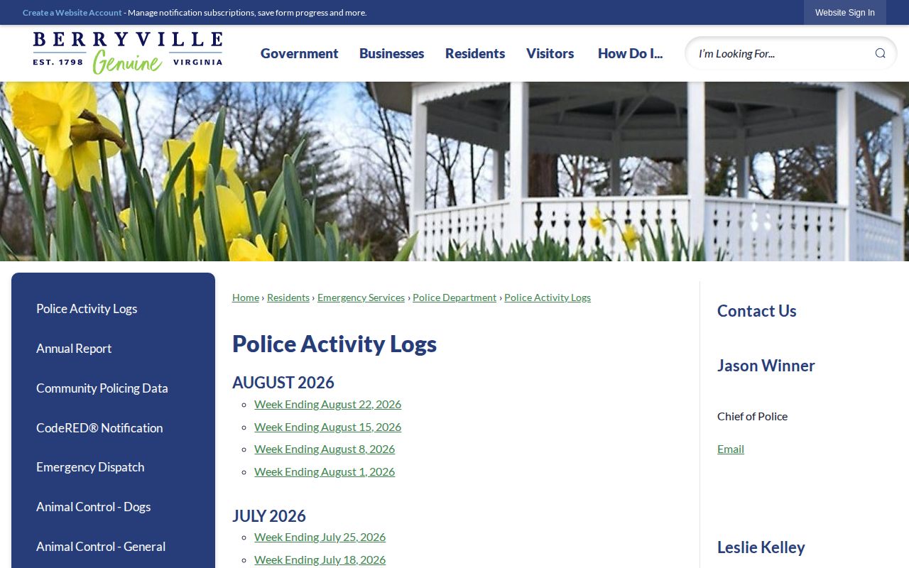 Screenshot of Berryville Police weekly activity-log listings