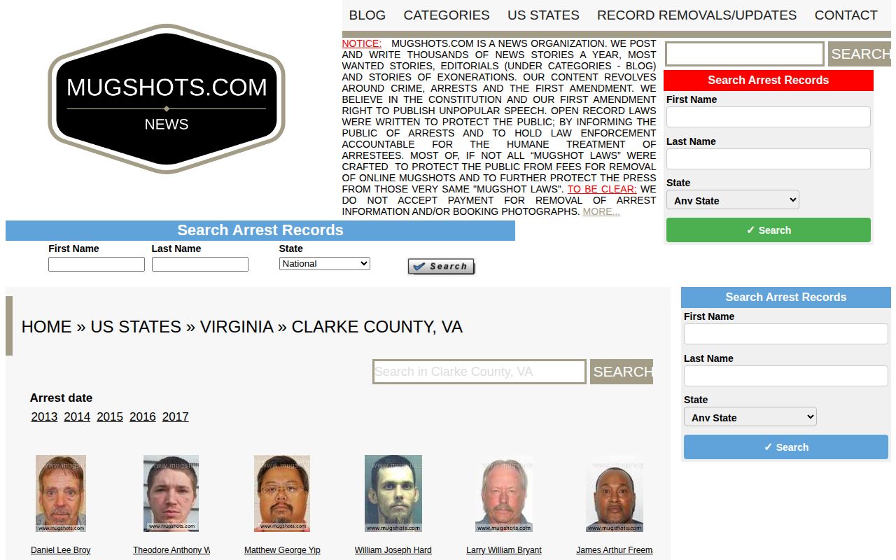 Clarke County historical secondary booking listing with stale record limits
