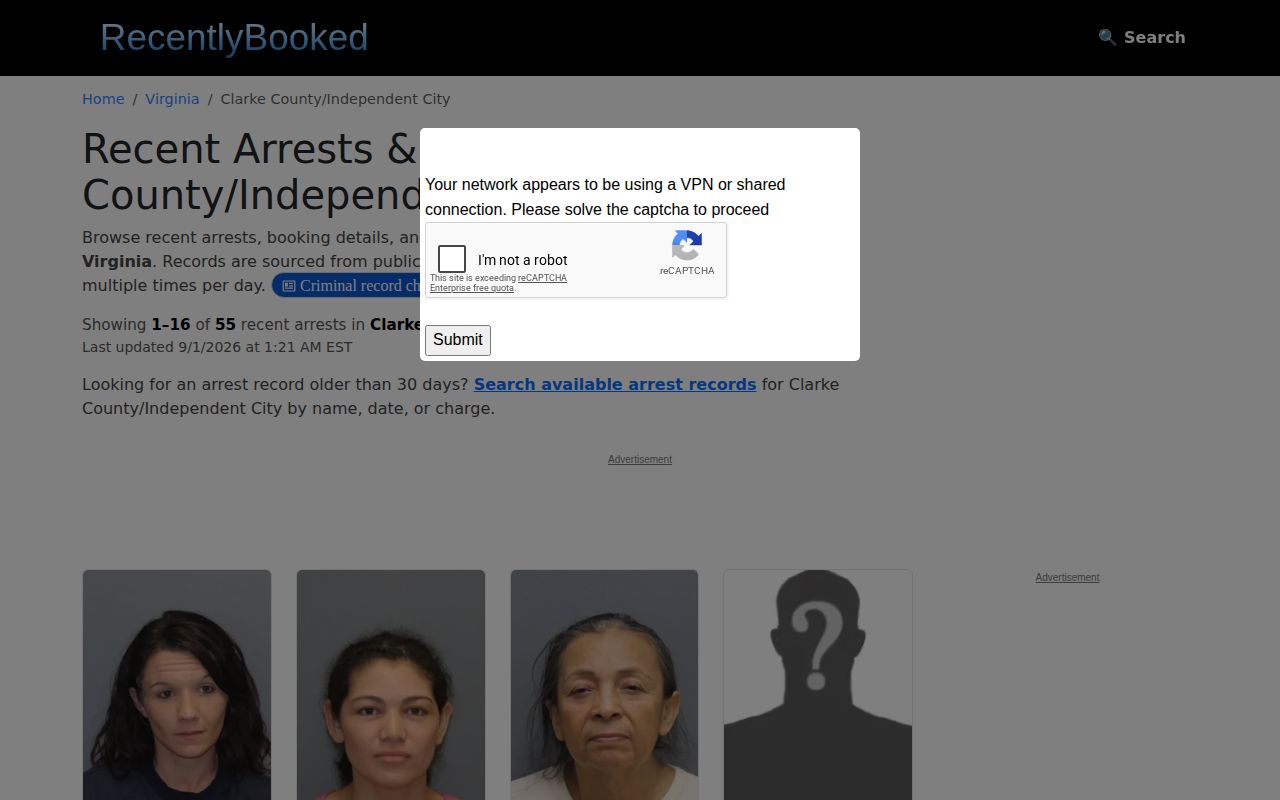 Clarke County booking records third-party listing shown as an unofficial secondary source