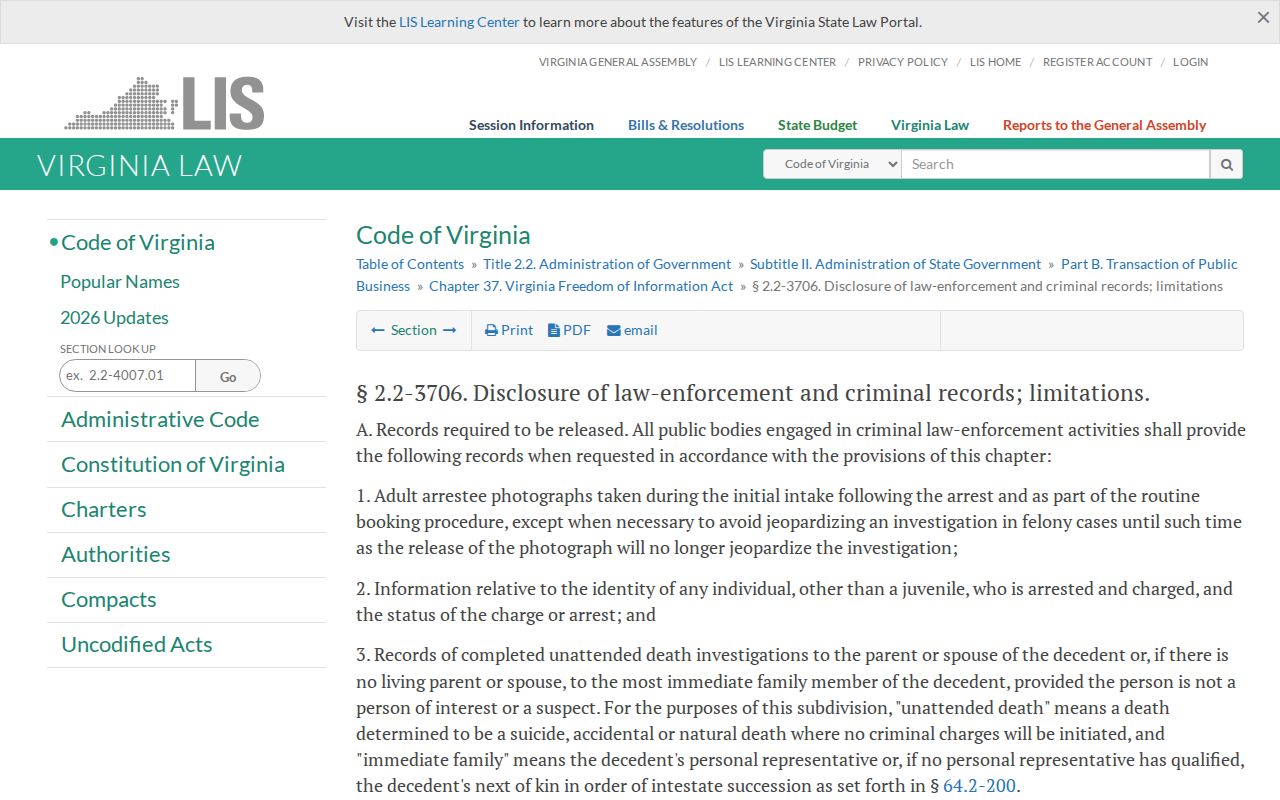 Virginia law on Clarke County adult booking photo and arrest record requests